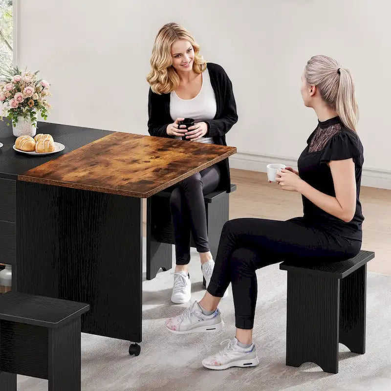Ensemble de salle à manger pliant moderne avec table à rabat, tabourets de rangement et 6 roulettes