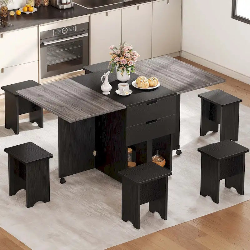 Ensemble de salle à manger pliant moderne avec table à rabat, tabourets de rangement et 6 roulettes