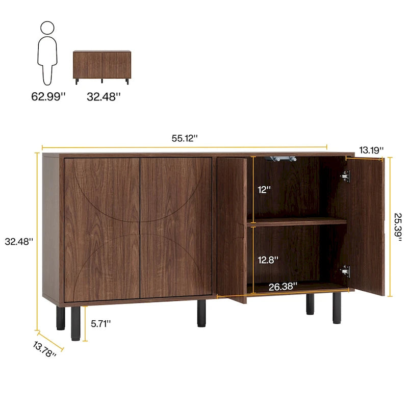 Buffet de rangement 55'' avec 4 portes et étagères réglables pour cuisine, salon