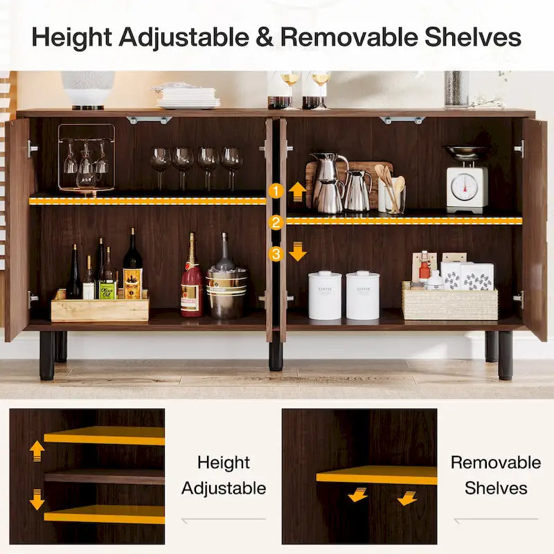 Buffet de rangement 55'' avec 4 portes et étagères réglables pour cuisine, salon