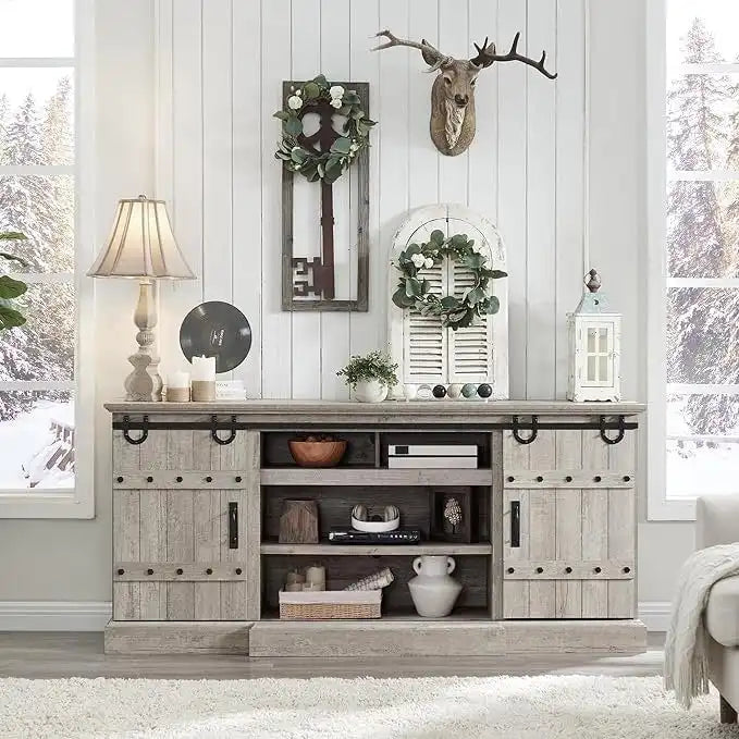 Buffet moderne gris avec 3 tiroirs et étagères réglables