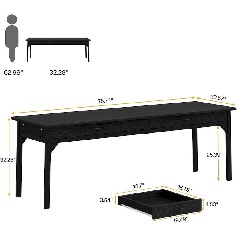 Bureau d'ordinateur extra-long de 200 cm, bureau double pour le télétravail