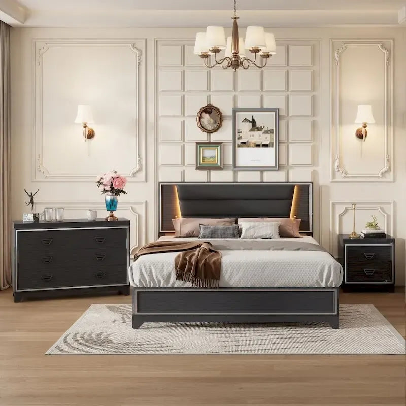 Ensembles de chambre à coucher 3 pièces Lit rembourré Queen Size