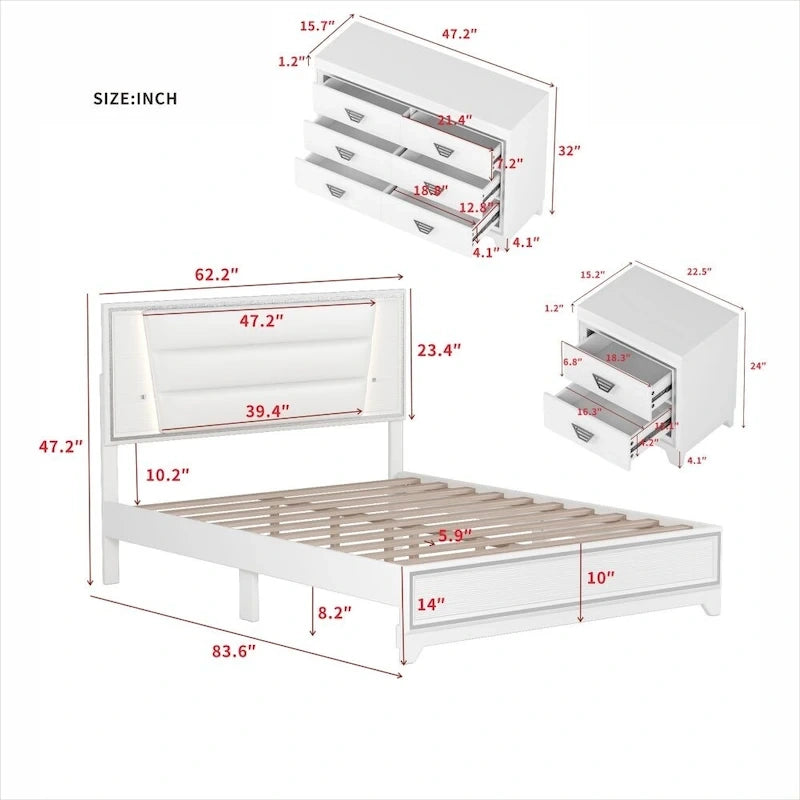 Ensembles de chambre à coucher 3 pièces Lit rembourré Queen Size