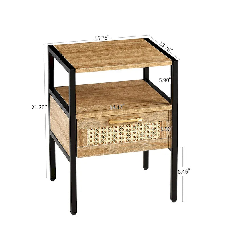 Lot de 2 tables d'appoint en rotin de 40 cm avec tiroir, table de chevet moderne, pieds en métal, table d'appoint pour salon et chambre