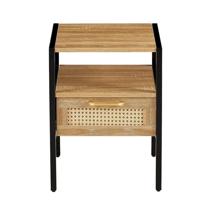 Lot de 2 tables d'appoint en rotin de 40 cm avec tiroir, table de chevet moderne, pieds en métal, table d'appoint pour salon et chambre