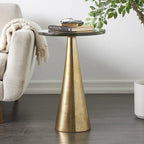 Table d'appoint conique géométrique en aluminium avec plateau en verre texturé – Noir ou doré
