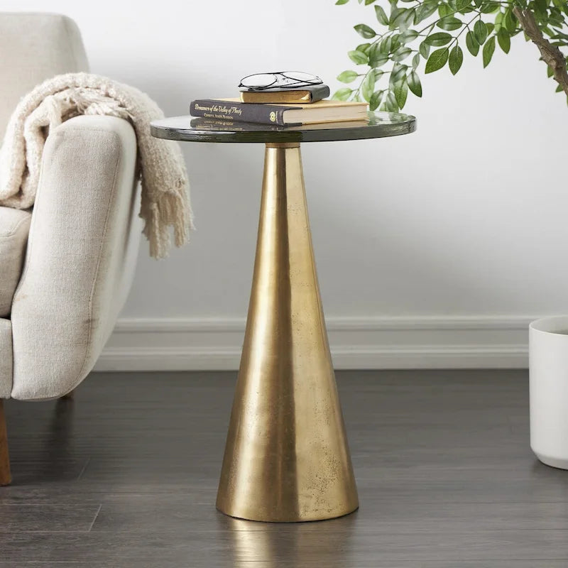 Table d'appoint conique géométrique en aluminium avec plateau en verre texturé – Noir ou doré