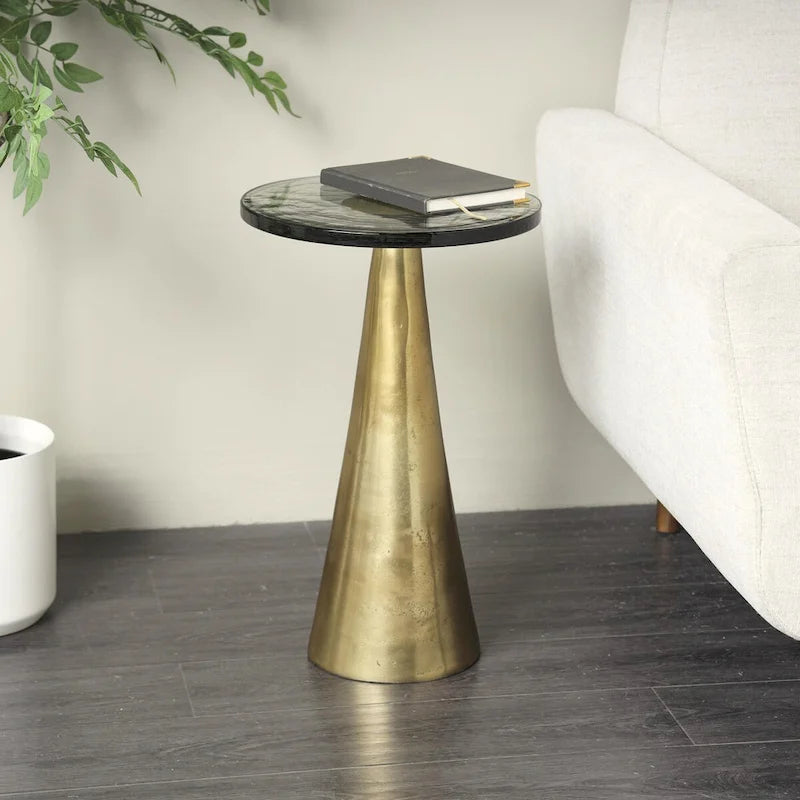 Table d'appoint conique géométrique en aluminium avec plateau en verre texturé – Noir ou doré